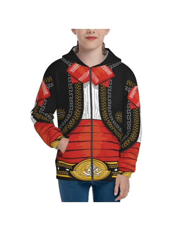 CHARRO SUIT Pattern Kids Boys Girls Zip Up Hoodie 3D Printed Hooded Sweatshirt Hoody Coat with Pocket 7-12 Y-Medium