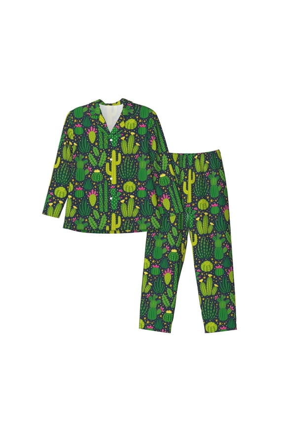 Cactus 1 Men’s Pajama Set Pajamas For Men 2 Piece PJ Set with Men Pajama Pants and Long Sleeve T-Shirt Lounge Set-Large