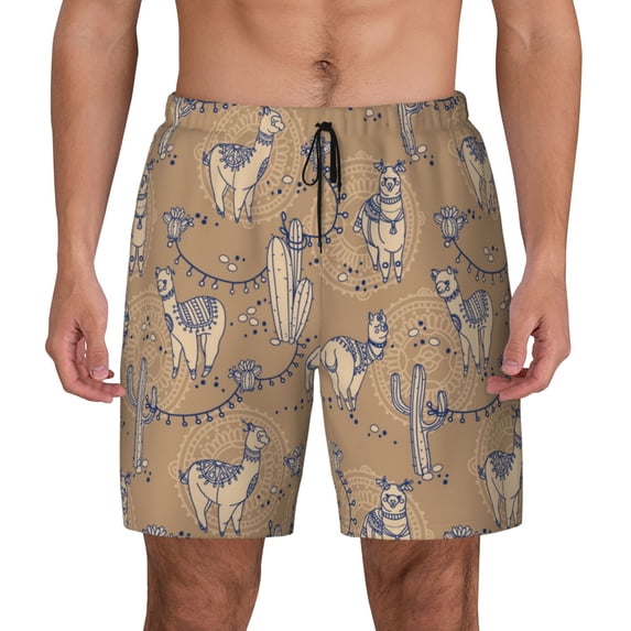 Kdxio Cactus Alpaca Print Men's Swim Trunks with Compression Liner 7 Inch Inseam Quick Dry Swim Shorts