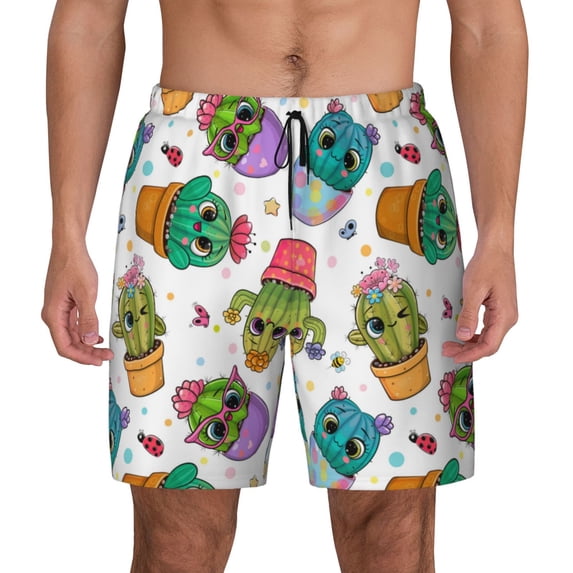 Kdxio Cactus And Insects Print Men's Swim Trunks with Compression Liner 7 Inch Inseam Quick Dry Swim Shorts
