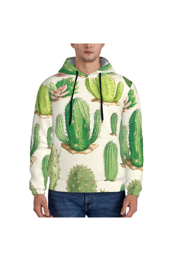 Cactus And Succulent Print Mens Casual Hooded Collar Drawstring Hoodies Pullover Sweatshirts Casual Long Sleeve Shirts-Small