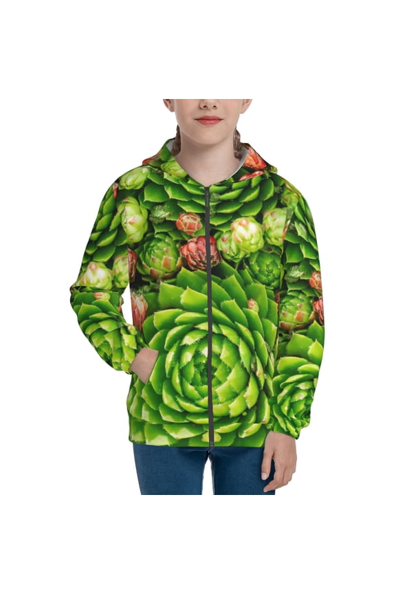 Cactus And Succulents Pattern Kids Boys Girls Zip Up Hoodie 3D Printed Hooded Sweatshirt Hoody Coat with Pocket 7-12 Y-Small