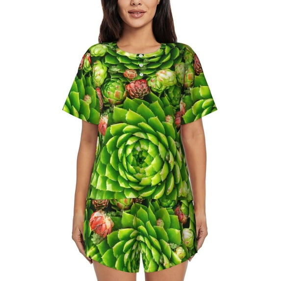Kdxio Cactus And Succulents Print Pajamas Sets for Women Short-Sleeved Pjs with Lounge Shorts Two Piece Sleepwear S-4XL