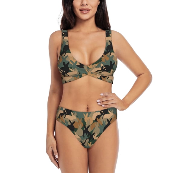 Kdxio Camouflage Rabbit Print Women's 2 Piece High Waisted Wrap Spaghetti Strap Summer Swimsuit Bikini Set-Small
