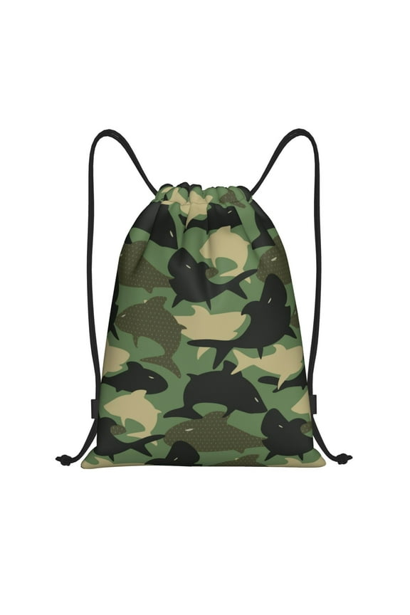 Camouflage Shark Print Drawstring Backpack Bag,Waterproof Draw String Back Sack, Gym Drawstring Bags Swim Bag For Unisex