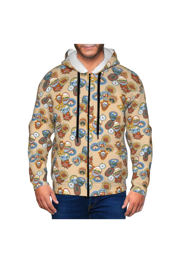 Camp Badge Print Men Hoodies Casual Hoodies for Men with Zip Pockets Full Zip Long Sleeve Sweatshirt Sports Hooded Jacket-Small