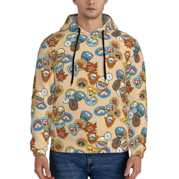 Kdxio Camp Badge Print Mens Casual Hooded Collar Drawstring Hoodies Pullover Sweatshirts Casual Long Sleeve Shirts-XX-Large
