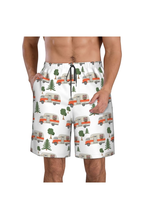 Camp Van Pattern Mens Casual Shorts - Drawstring Summer Beach Sports Shorts for Men