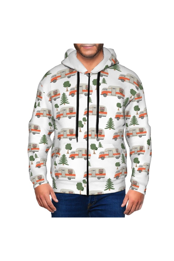 Camp Van Print Men Hoodies Casual Hoodies for Men with Zip Pockets Full Zip Long Sleeve Sweatshirt Sports Hooded Jacket-X-Large