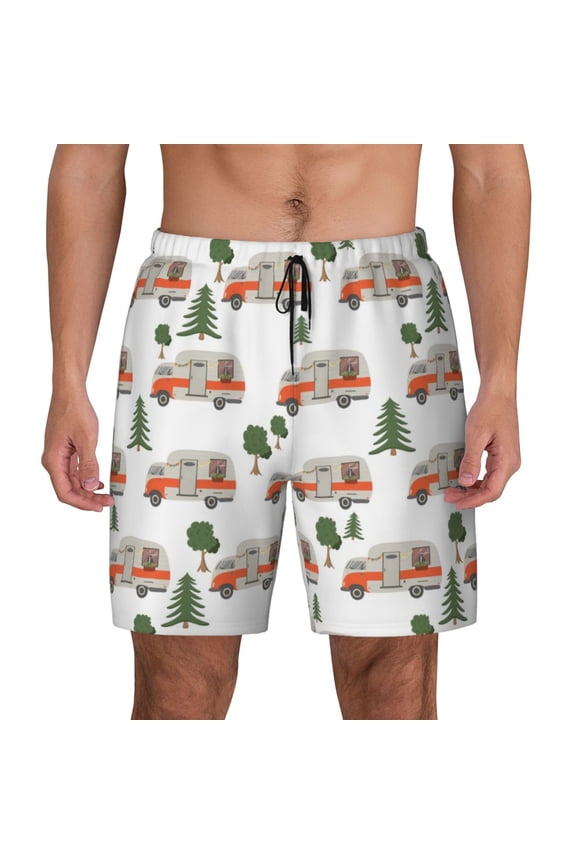 Camp Van Print Men's Swim Trunks with Compression Liner 7 Inch Inseam Quick Dry Swim Shorts