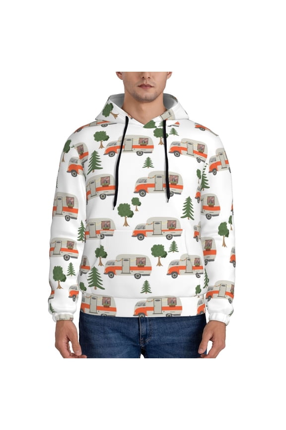 Camp Van Print Mens Casual Hooded Collar Drawstring Hoodies Pullover Sweatshirts Casual Long Sleeve Shirts-Medium