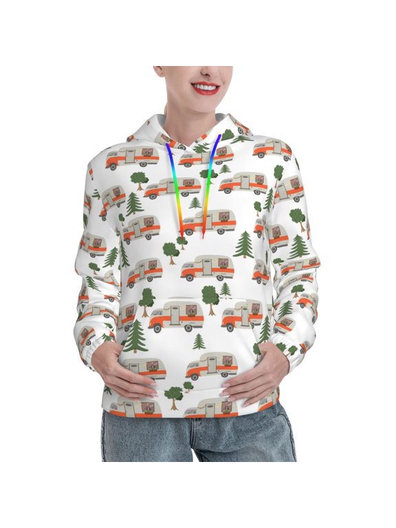 Camp Van Print Womens Oversized Hoodies Sweatshirts Hooded Pullover Tops Sweaters Casual-Medium