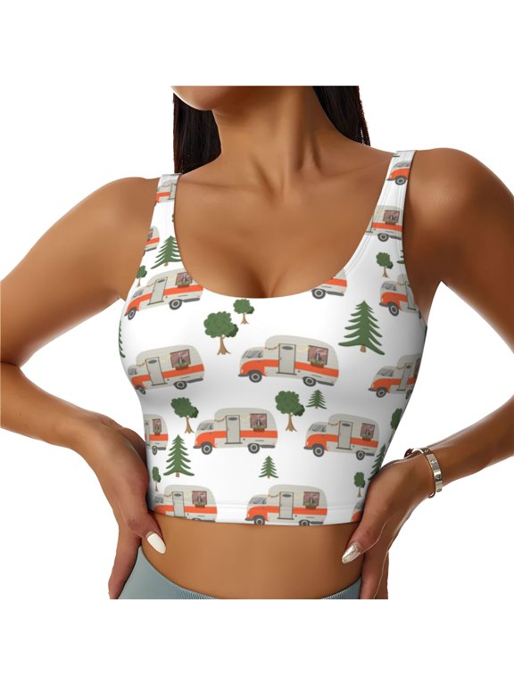 Camp Van Print Workout Crop Tank Top for Women Racerback Yoga Tank Tops Athletic Sports Shirts Exercise Undershirts
