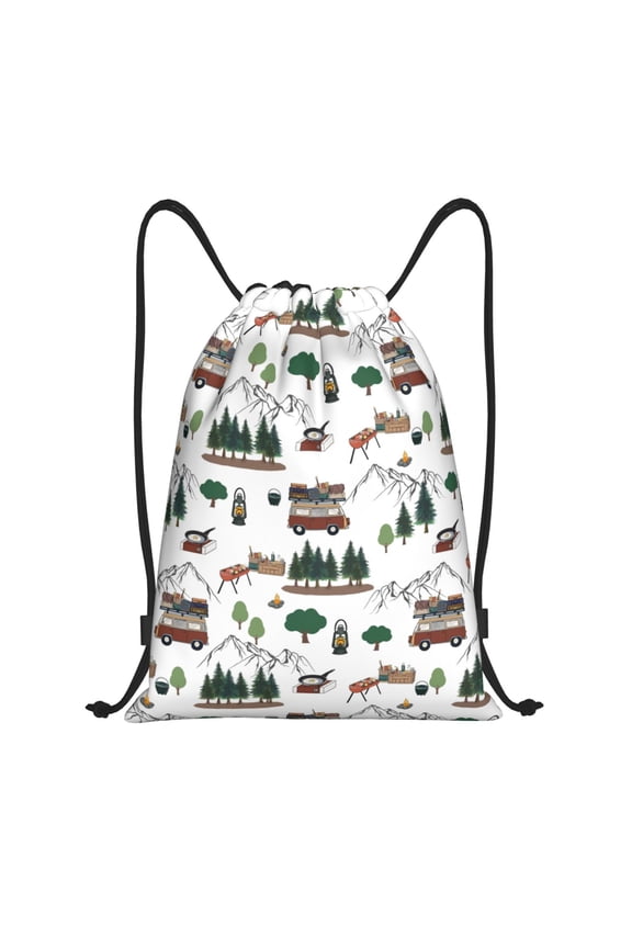 Camping Caravan 2 Print Drawstring Backpack Bag,Waterproof Draw String Back Sack, Gym Drawstring Bags Swim Bag For Unisex