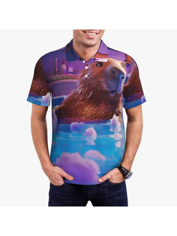 Capybara Bathtub Fun Print Men's Short Sleeve Polo Shirt,Midweight Men's Shirt-XX-Large
