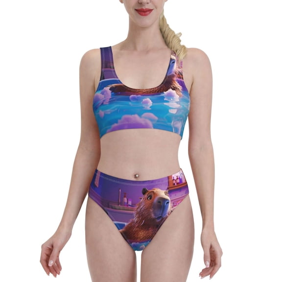 Kdxio Capybara Bathtub Fun for Womens High Waisted Bikini Top Sports Style Two Piece Bathing Suits