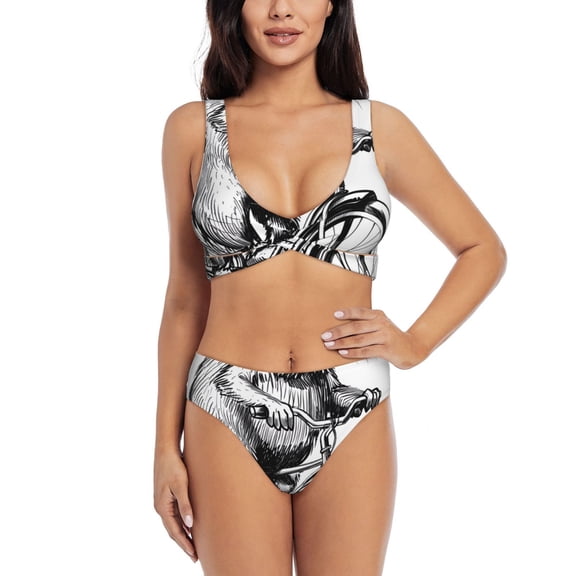Kdxio Capybara Riding Bicycle Print Women's 2 Piece High Waisted Wrap Spaghetti Strap Summer Swimsuit Bikini Set-Large