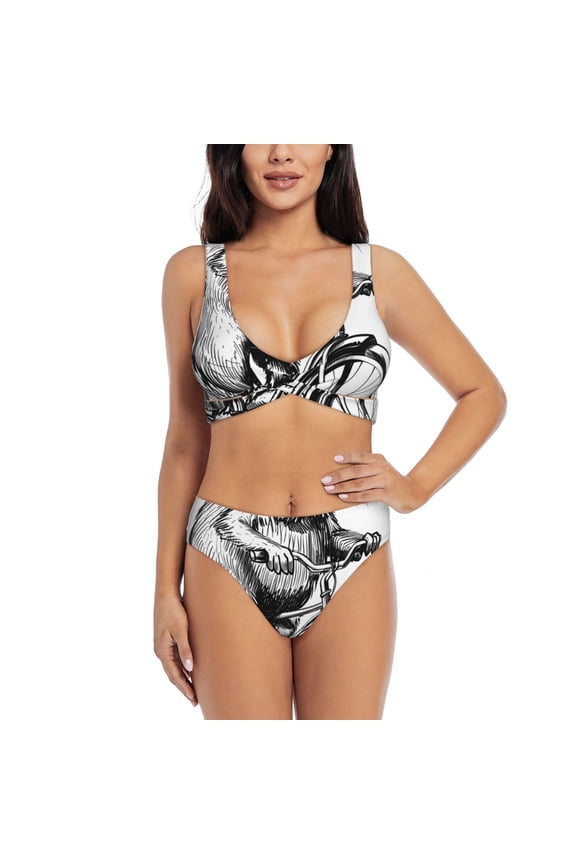 Capybara Riding Bicycle Print Women's 2 Piece High Waisted Wrap Spaghetti Strap Summer Swimsuit Bikini Set-Small