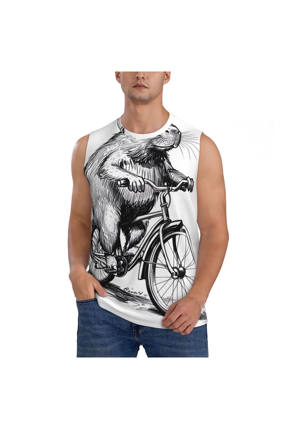 Capybara Riding Bicycle for Men's Muscle T-shirt,Sleeveless for Workout Running Athletic Gym Lounge Casual