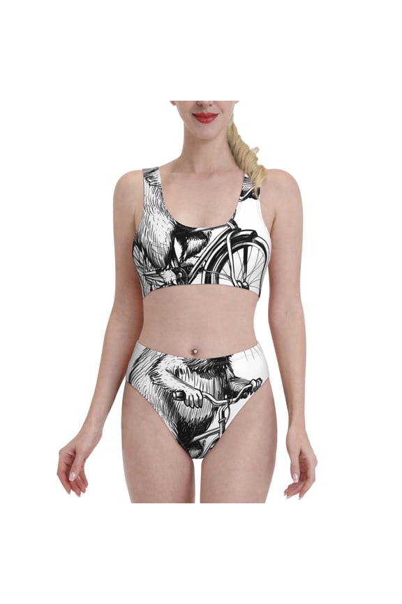 Capybara Riding Bicycle for Womens High Waisted Bikini Top Sports Style Two Piece Bathing Suits