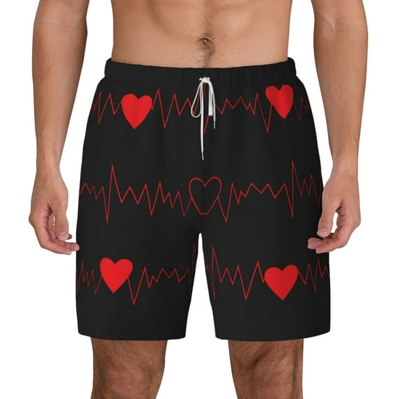 Kdxio Cardiogram And Heart Print Men'S Swim Trunks With Compression Liner 7 Inch Inseam Quick Dry Swim Shorts