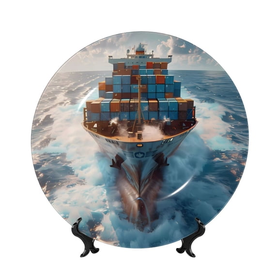Kdxio Cargo Ship At Sea Bone China Decorative Plate Ceramic Decorative Plate for Home Office Wall Stand Decorative Plates for Home Bedroom-7in