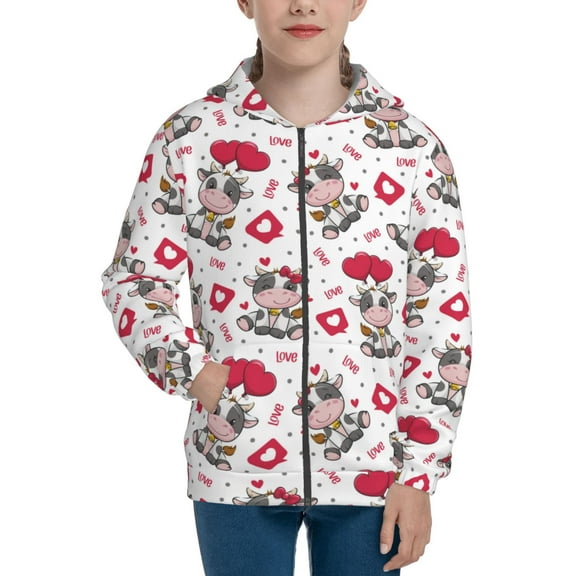 Kdxio Caring Cow Pattern Kids Boys Girls Zip Up Hoodie 3D Printed Hooded Sweatshirt Hoody Coat with Pocket 7-12 Y-Small