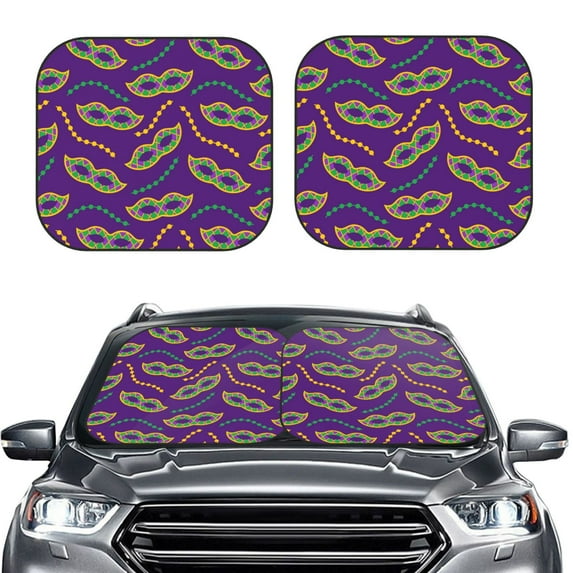 Kdxio Carnival Masks And Beads Print 2-Piece Sun Shade Front Windshield - Foldable Car Front Window Sunshades For Most Sedans Suv Truck