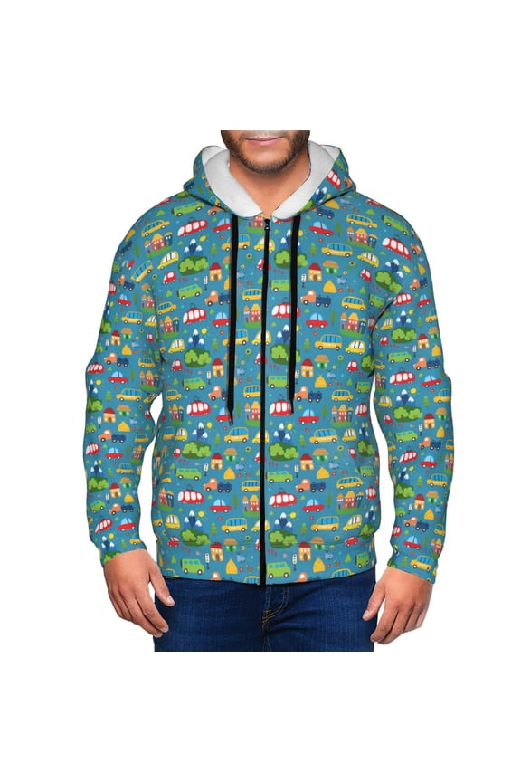 Cars Transportation Print Men Hoodies Casual Hoodies for Men with Zip Pockets Full Zip Long Sleeve Sweatshirt Sports Hooded Jacket-X-Large