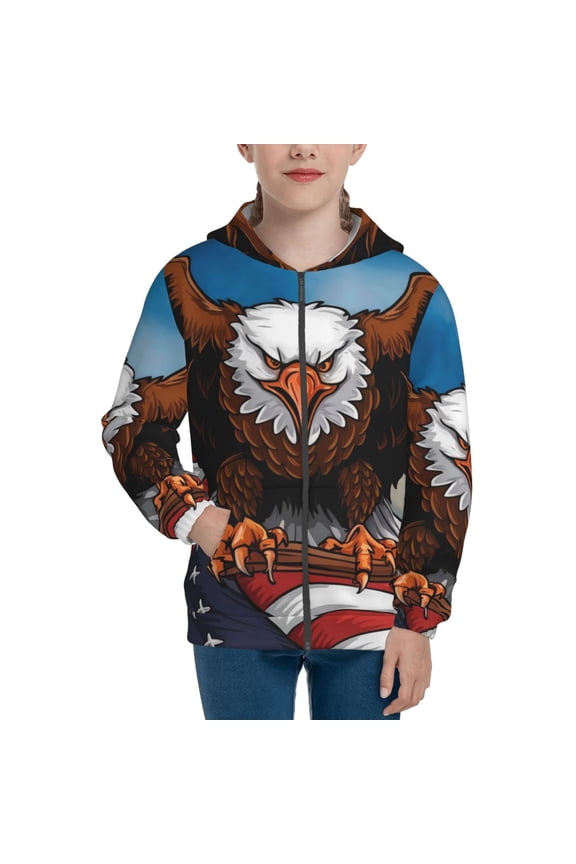 Cartoon Bald Eagle USA Pattern Kids Boys Girls Zip Up Hoodie 3D Printed Hooded Sweatshirt Hoody Coat with Pocket 7-12 Y-Medium