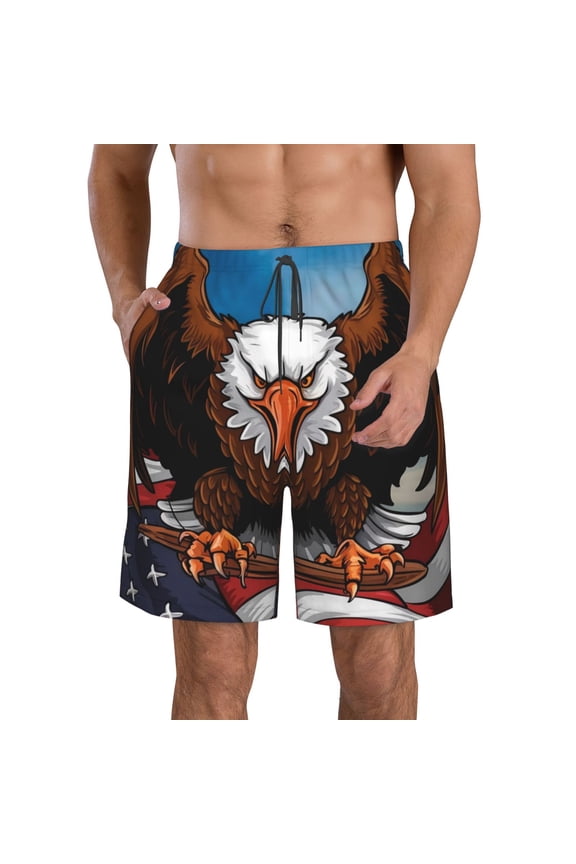 Cartoon Bald Eagle USA Pattern Mens Casual Shorts - Drawstring Summer Beach Sports Shorts for Men