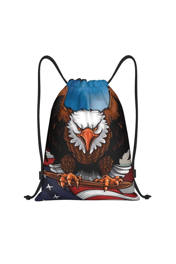 Cartoon Bald Eagle USA Print Drawstring Backpack Bag,Waterproof Draw String Back Sack, Gym Drawstring Bags Swim Bag For Unisex