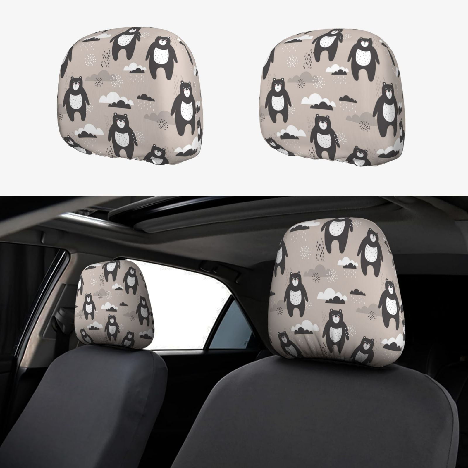 Kdxio Cartoon Bear Brown Pattern Print 2 Piece Car Head Rest Covers Set