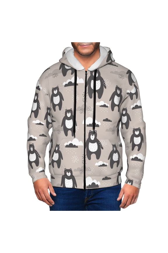 Cartoon Bear Brown Print Men Hoodies Casual Hoodies for Men with Zip Pockets Full Zip Long Sleeve Sweatshirt Sports Hooded Jacket-Medium