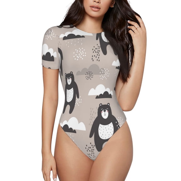 Kdxio Cartoon Bear Brown for Women's Short-Sleeved Onesie Stylish Round Neck Pajamas Bodysuit Jumpsuit Nightwear-Large