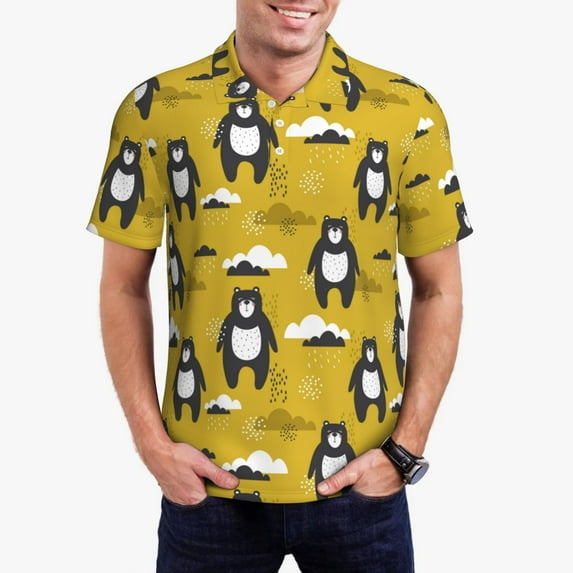 Kdxio Cartoon Bear Yellow Print Men's Short Sleeve Polo Shirt,Midweight Men's Shirt