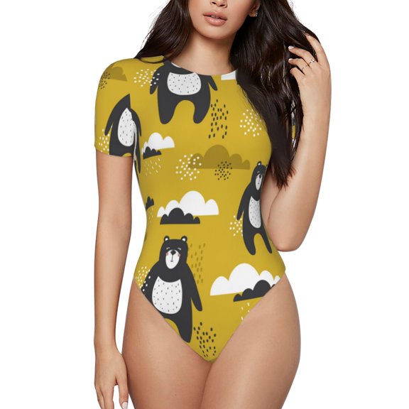 Kdxio Cartoon Bear Yellow for Women's Short-Sleeved Onesie Stylish Round Neck Pajamas Bodysuit Jumpsuit Nightwear-Medium