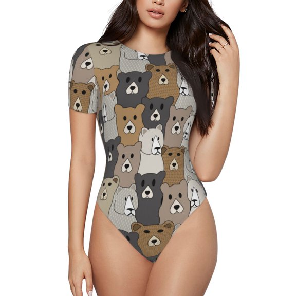 Kdxio Cartoon Bear for Women's Short-Sleeved Onesie Stylish Round Neck Pajamas Bodysuit Jumpsuit Nightwear-Medium