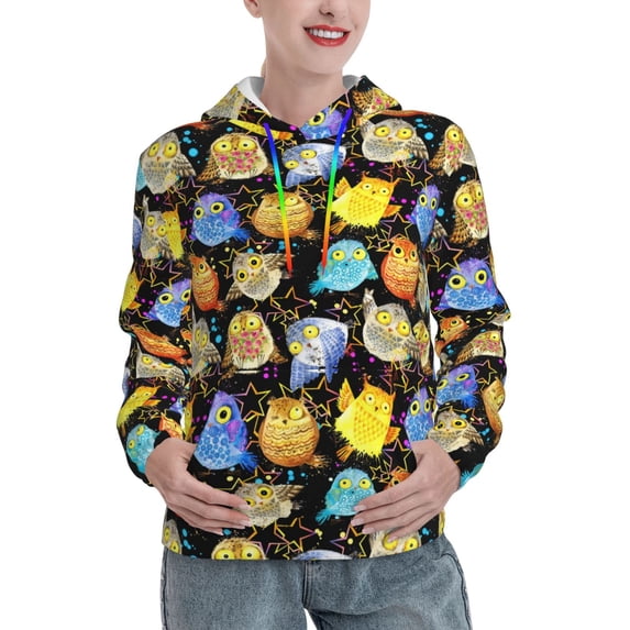 Kdxio Cartoon Bird Owl Print Womens Oversized Hoodies Sweatshirts Hooded Pullover Tops Sweaters Casual-Small