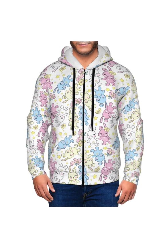 Cartoon Bunny Print Men Hoodies Casual Hoodies for Men with Zip Pockets Full Zip Long Sleeve Sweatshirt Sports Hooded Jacket-Medium