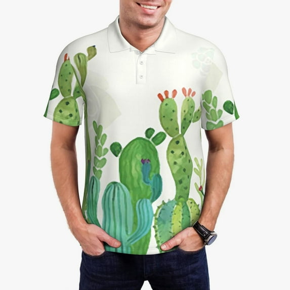 Kdxio Cartoon Cactus Print Men's Short Sleeve Polo Shirt,Midweight Men's Shirt