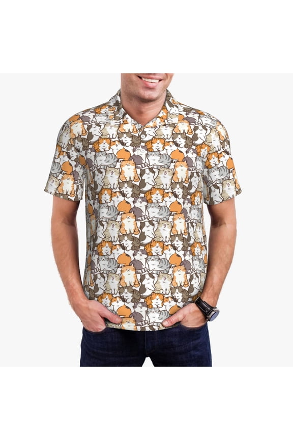 Cartoon Cat 1 Print Men's Short Sleeve Polo Shirt,Midweight Men's Shirt-Small