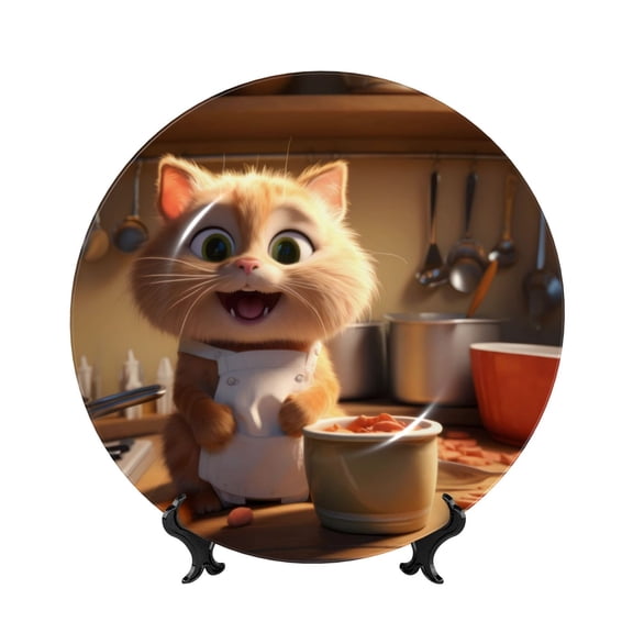 Kdxio Cartoon Cooking Cat Bone China Decorative Plate Ceramic Decorative Plate for Home Office Wall Stand Decorative Plates for Home Bedroom-7in