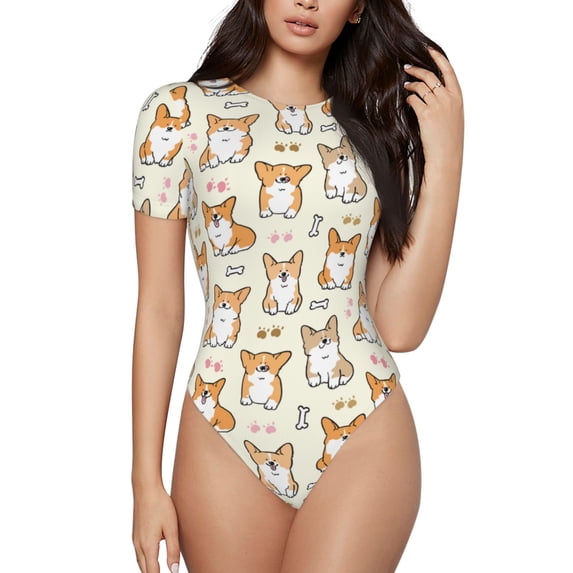 Kdxio Cartoon Corgi for Women's Short-Sleeved Onesie Stylish Round Neck Pajamas Bodysuit Jumpsuit Nightwear-Large