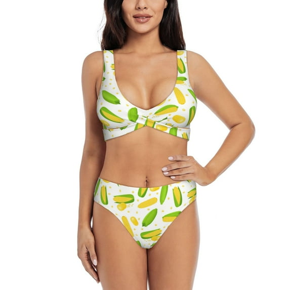Kdxio Cartoon Corn Print Women's 2 Piece High Waisted Wrap Spaghetti Strap Summer Swimsuit Bikini Set-Large