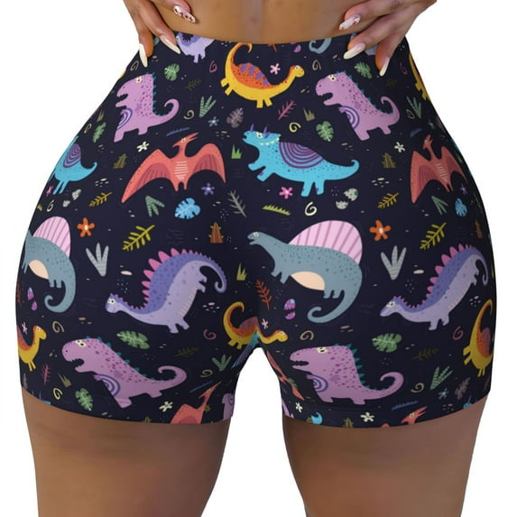 Kdxio Cartoon Dinosaur Print Workout Shorts for Women Seamless Soft Smooth Gym Yoga Scrunch Active Shorts