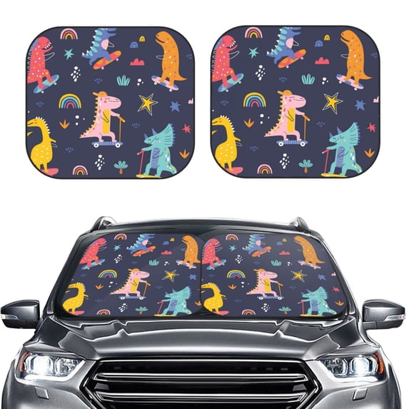 Kdxio Cartoon Dinosaur Scooter Sport Blue Print 2-Piece Sun Shade Front Windshield - Foldable Car Front Window Sunshades For Most Sedans Suv Truck