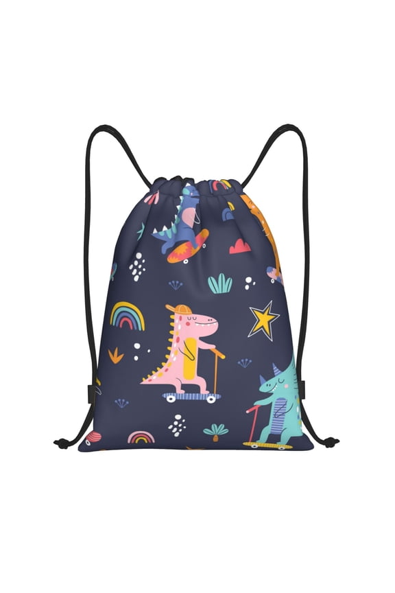 Cartoon Dinosaur Scooter Sport Blue Print Drawstring Backpack Bag,Waterproof Draw String Back Sack, Gym Drawstring Bags Swim Bag For Unisex