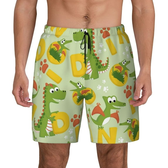 Kdxio Cartoon Dinosaurs Print Men'S Swim Trunks With Compression Liner 7 Inch Inseam Quick Dry Swim Shorts