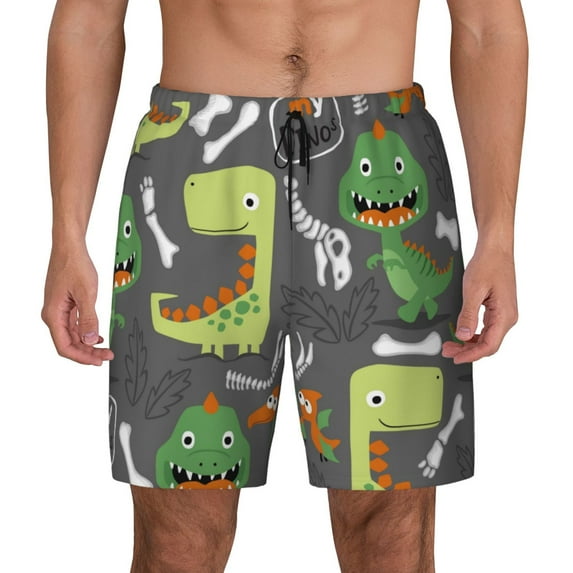 Kdxio Cartoon Dinosaurs Print Men'S Swim Trunks With Compression Liner 7 Inch Inseam Quick Dry Swim Shorts